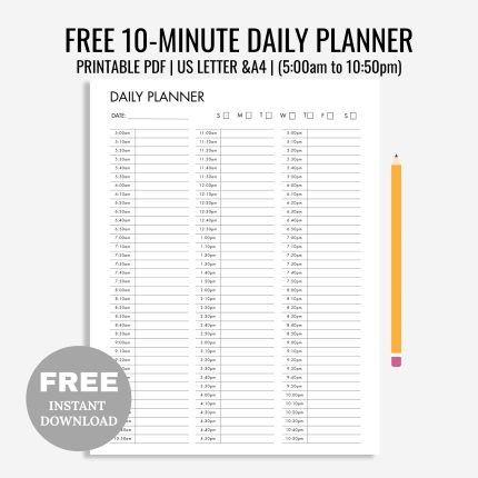 Free Printable 10 Minute Daily Planner, 10 Minute Planner Printable, Simple Daily Planner, Time Blocking, Day Schedule Template, Daily Overview, Productivity Planner