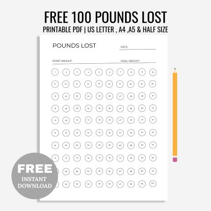 FREE Printable 100 Pounds Lost Weight Tracker Printable, Weight Loss Tracker, Weight Loss Journal, Weight Goal, A4/A5/Letter/Half, Instant Download PDF