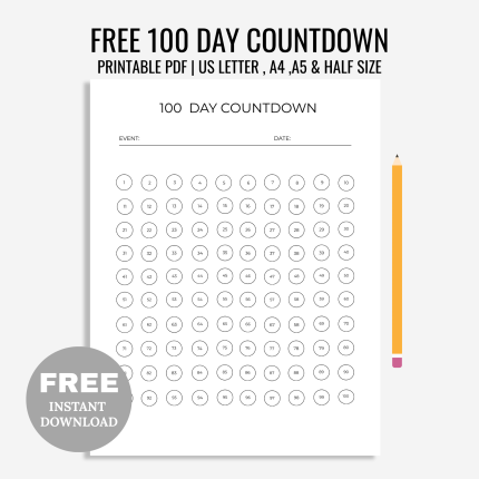 Free 100 Day Countdown Tracker Printable to Wedding Anniversary Vacation Holiday New Year Retirement Countdown