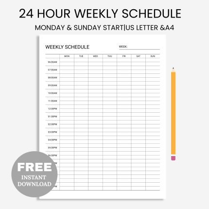 FREE Printable 24 Hour Weekly Schedule PDF, Time Block Planner Printable, Week At a Glance, Weekly Agenda, Weekly Planner Printable PDF, Weekly To Do List