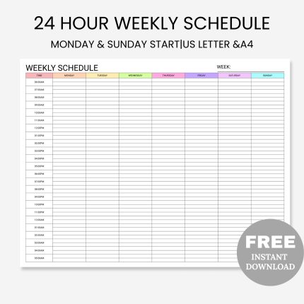 FREE Printable 24 Hour Weekly Schedule Colorful Landscape, 24 Hour Planner, Weekly Half Hourly Plan, Time Blocking, Weekly Time Sheet, Hour by Hour Planner, Weekly Plan