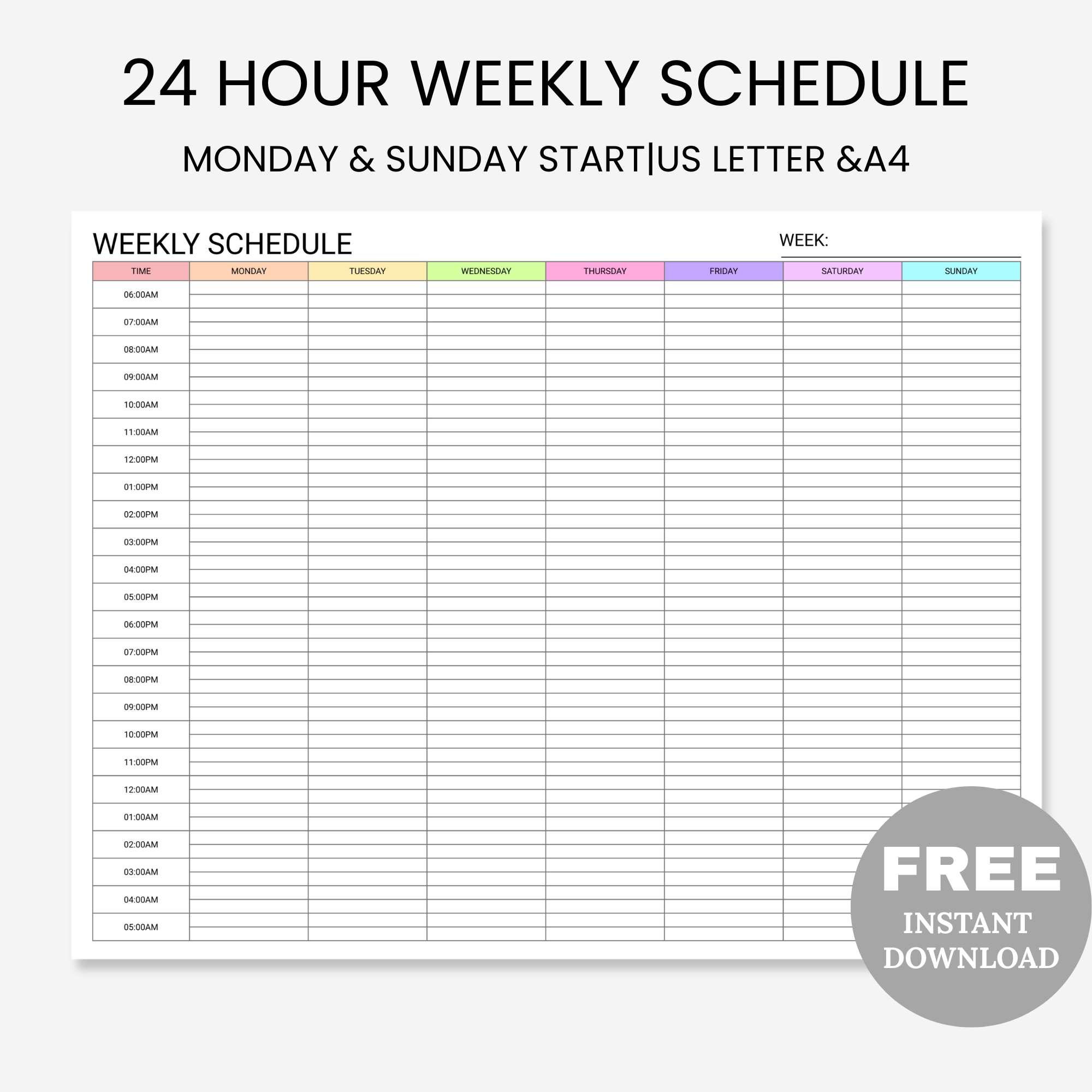 24 Hour Weekly Schedule Colorful Landscape (2) FREE Printable 24 Hour Weekly Schedule Colorful Landscape, 24 Hour Planner, Weekly Half Hourly Plan, Time Blocking, Weekly Time Sheet, Hour by Hour Planner, Weekly Plan