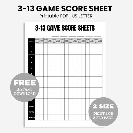 3 13 card game score sheet printable pdf free