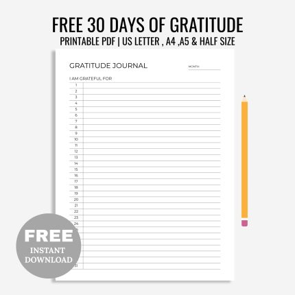 FREE Printable 30 Days Of Gratitude Template, Daily Gratitude Journal, Gratitude Log, Thankfulness Journal, A4/A5/Letter/Half, Instant Download