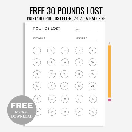 FREE Printable 30 Pounds Lost Weight Tracker Printable, Weight Loss Tracker, Weight Loss Journal, Weight Goal, A4/A5/Letter/Half, Instant Download PDF