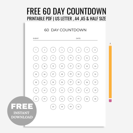 Free 60 Day Countdown Tracker Printable to Wedding Anniversary Vacation Holiday New Year Retirement Countdown