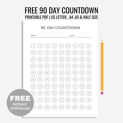 Free 90 Day Countdown Tracker Printable to Wedding Anniversary Vacation Holiday New Year Retirement Countdown