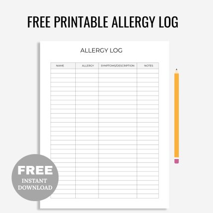 Free Printable Allergy Log PDF, Allergies, Allergy Form/Sheet, Medical Conditions