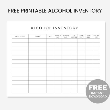 Free Printable Bar Alcohol Inventory Tracker PDF | Liquor Cabinet Supply Stock Manager | Cocktail Beverage Supplies Checklist | Drink Consumption Log