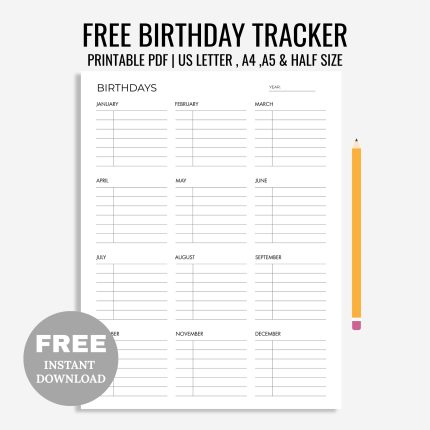 FREE Printable Birthday Tracker Template, Birthday Calendar, Birthday Reminder, Birthday Planner, A4/A5/Letter/Half Size, Instant Download PDF