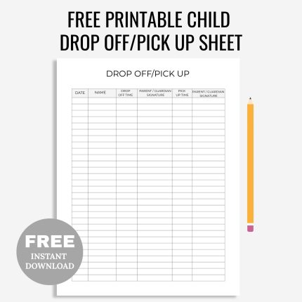 Free Printable Child Drop Off/Pick Up Sheet PDF,  Daycare & Camp Printable