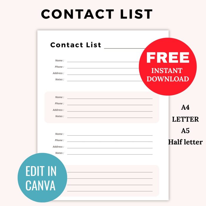 FREE Editable Contact List Template PDF Printable, Fillable Address Book, Contacts Organizer, Address Directory, Phone Directory, Email Tracker | A4 A5 Letter Half