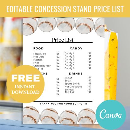 FREE Editable Baseball Concession Stand Price List Menu, Simple Food Stand Menu Price List Template, Snack Bar Menu Price List, Concession Sign