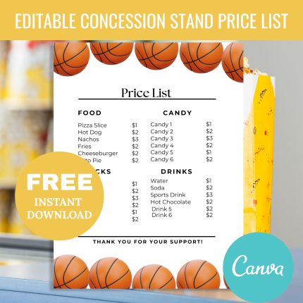 FREE Editable Basketball Concession Stand Price List Menu, Basketball Snack Menu Price List Template, Basketball Snack Bar Menu Price List