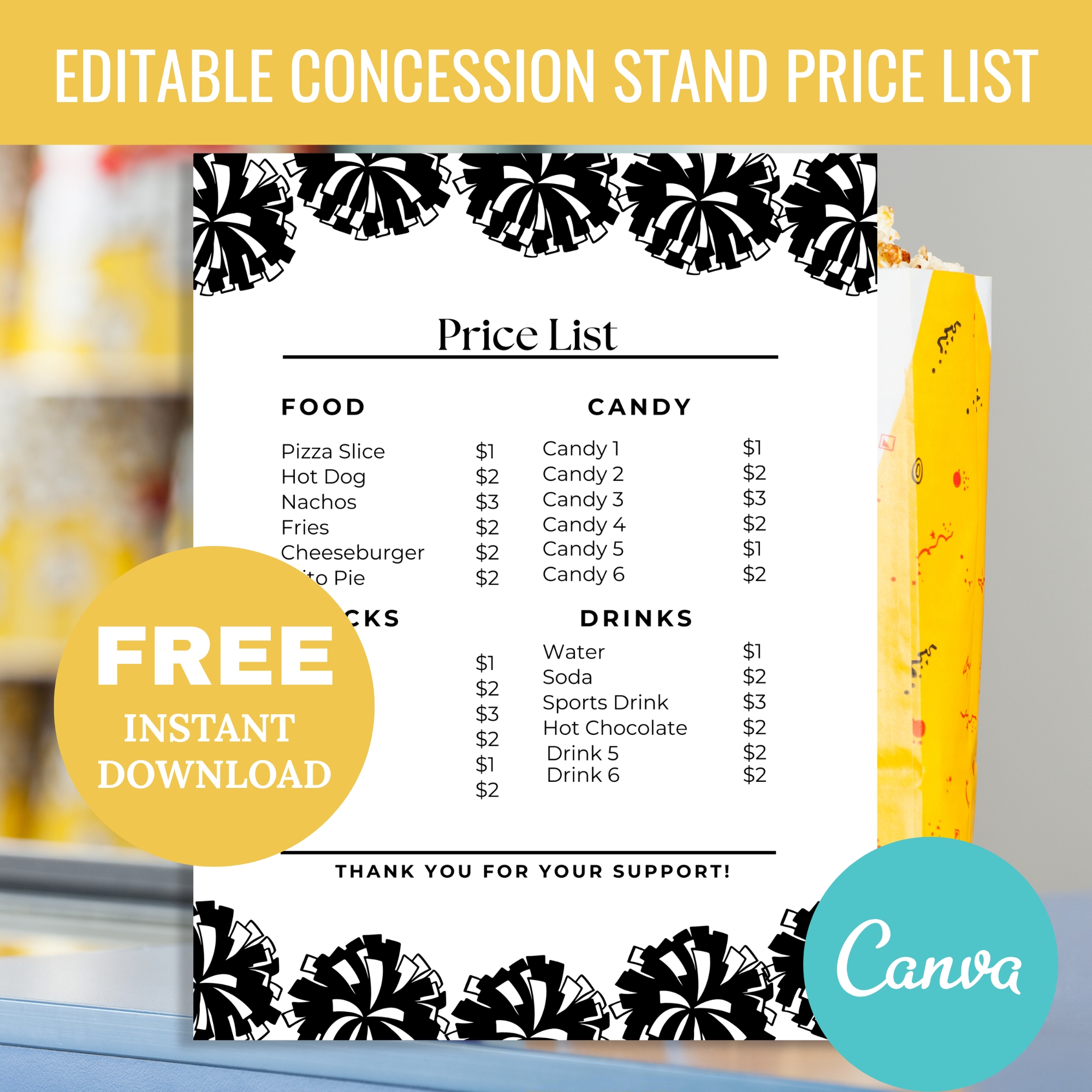 Editable Cheer Concession Stand Price List Menu Editable Cheer Concession Stand Price List Menu