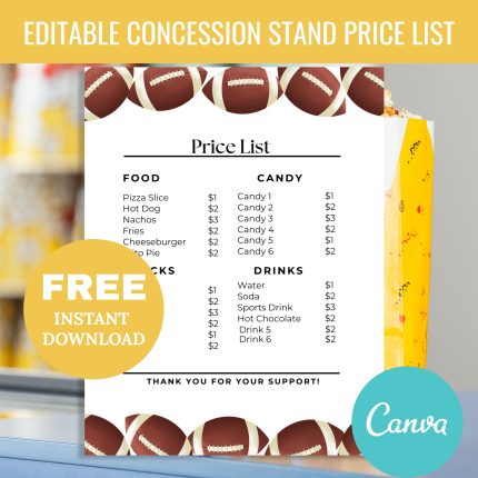 Editable Football Concession Stand Price List Menu, Simple Food Stand Menu Price List Template, Snack Bar Menu Price List, Concession Sign