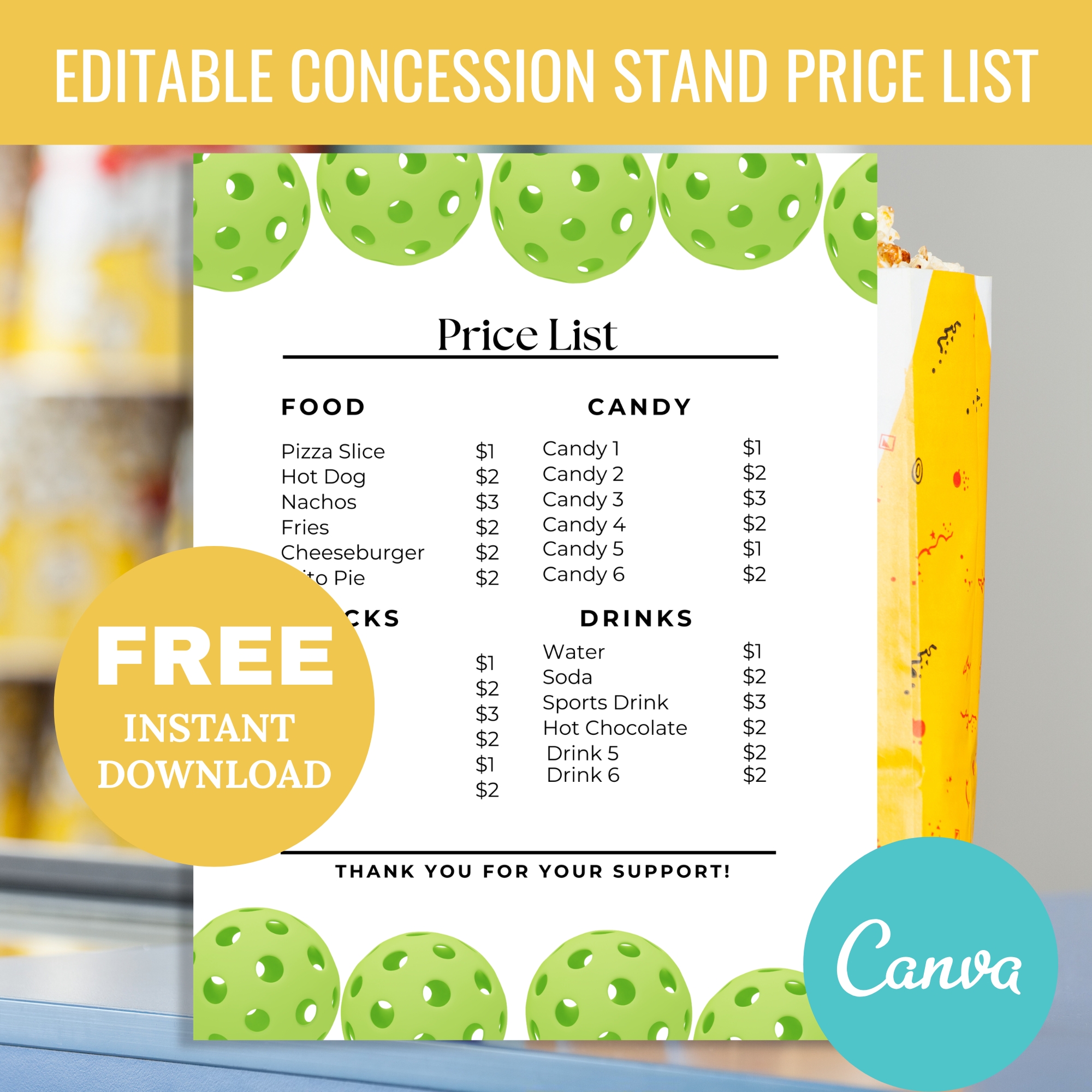 Editable Pickleball Concession Stand Price List Menu Editable Pickleball Concession Stand Price List Menu