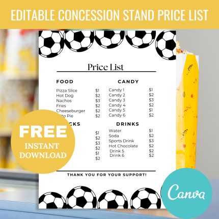 Editable Soccer Concession Stand Price List Menu, Soccer Menu Price List Template, Snack Bar Menu Price List, Concession Stand Sign