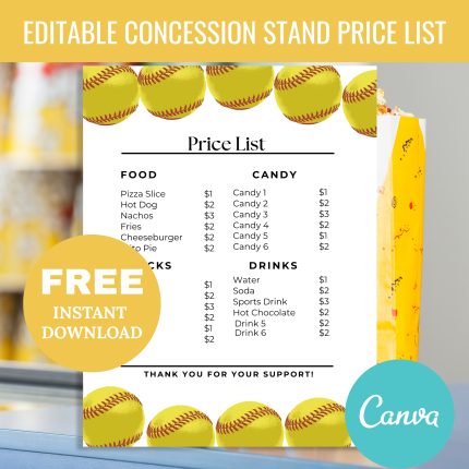 FREE Editable Softball Concession Stand Price List Menu, Simple Food Stand Menu Price List Template, Snack Bar Menu Price List, Concession Sign