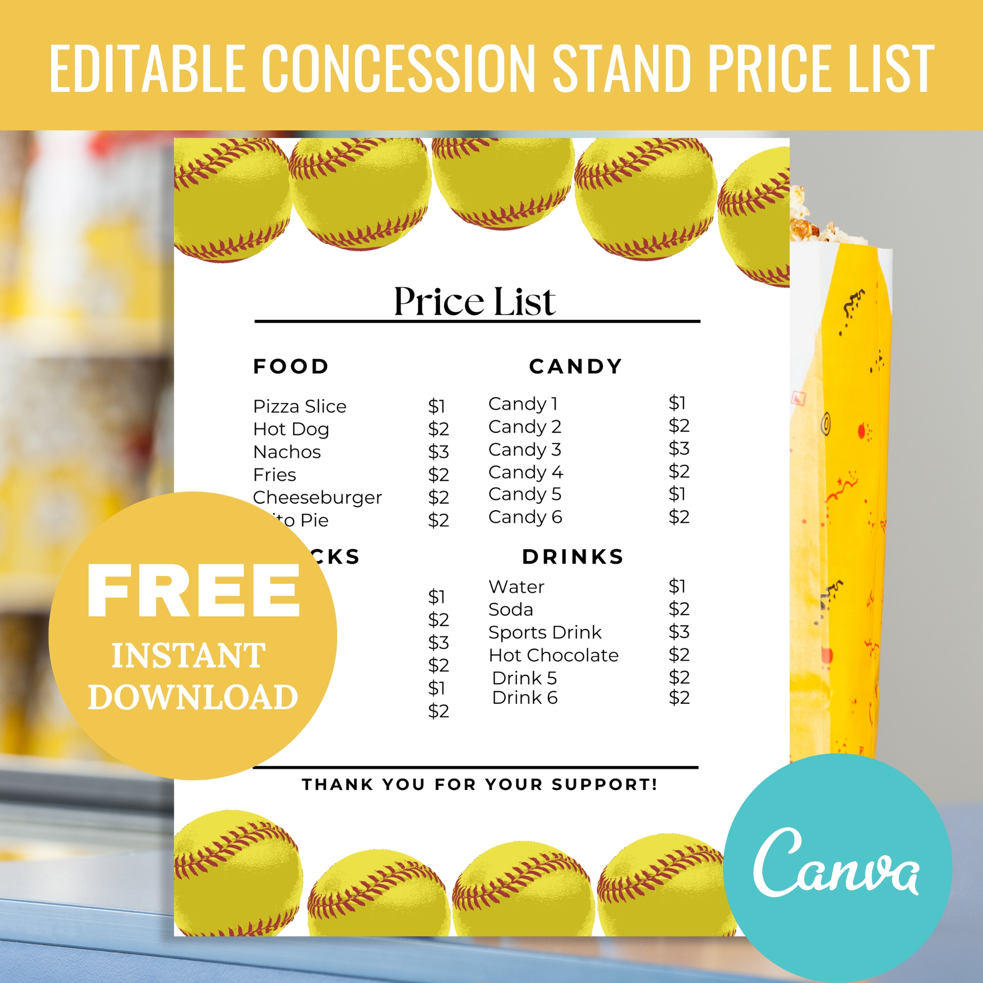 Editable Softball Concession Stand Price List Menu FREE Editable Softball Concession Stand Price List Menu, Simple Food Stand Menu Price List Template, Snack Bar Menu Price List, Concession Sign