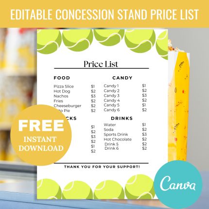Editable Tennis Concession Stand Price List Menu