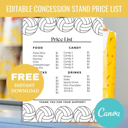 Editable Volleyball Concession Stand Price List Menu