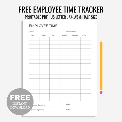 Free Printable Employee Time Tracker Printable, Working Hours Tracker, Work Time Log, Activity Tracker, Timekeeping Sheet, A4/A5/Letter/Half Size