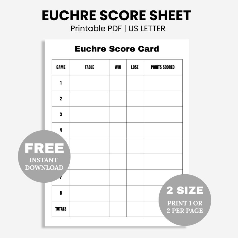 Euchre Score Sheet printable free