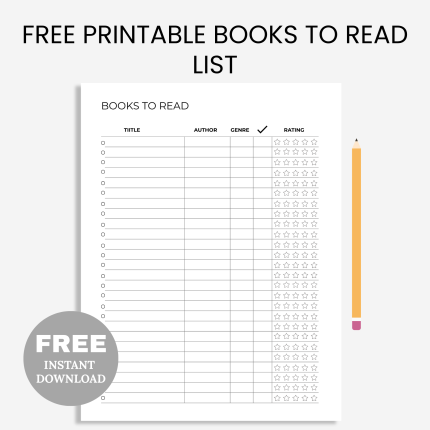 FREE printable Books To Read List PDF - Book Reading Tracker Printable - Book List Printable - Book Challenge - Printable tracker Instant download