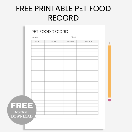 FREE printable Pet Food Record PDF | Printable Food Sensitivity Test | Cat Food Tracker | Pet Wellness Chart | Dog Food Log