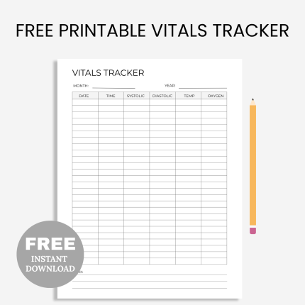 FREE printable Vitals Tracker PDF | Printable Vitals Log | Health And Fitness Planner | Blood Pressure Tracker | Pulse Chart