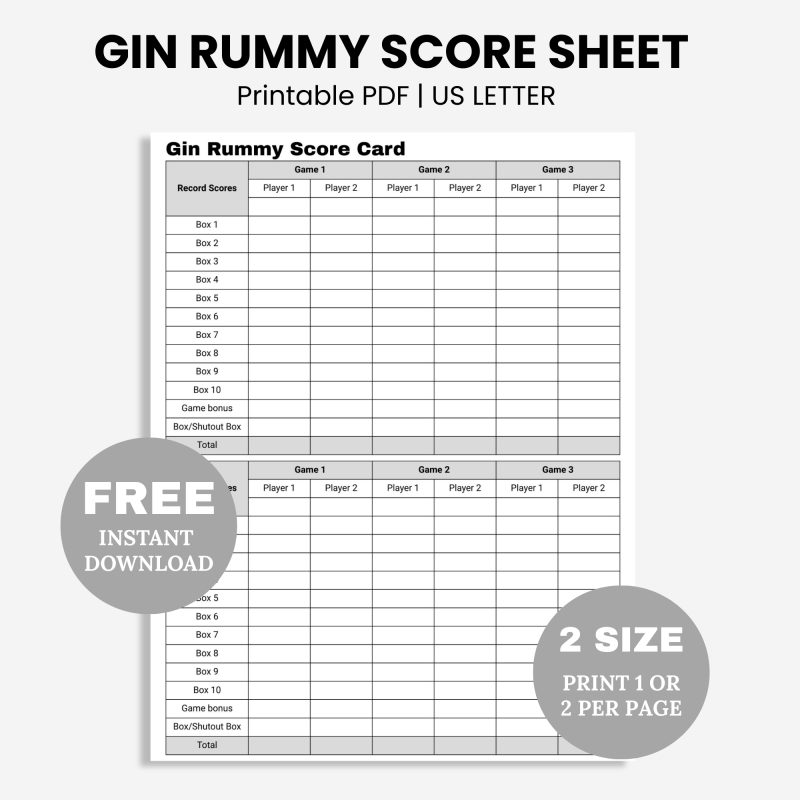 Gin Rummy Score Sheet pdf free printable