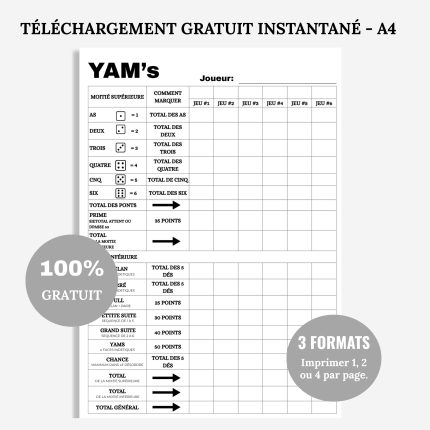 Grilles de yams à imprimer PDF gratuit feuille de score yams à imprimer
