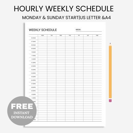 FREE Printable Hourly Weekly Planner , Weekly Schedule, Daily Agenda, Hourly Schedule, Sunday/Monday Start