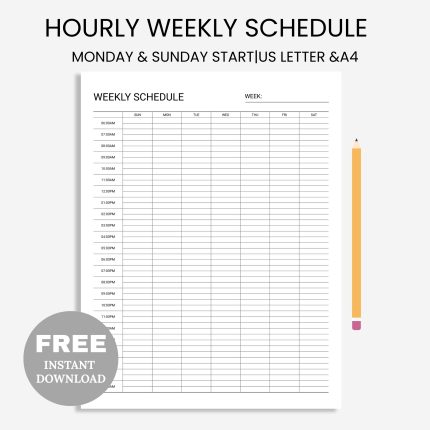 FREE Printable Hourly Weekly Planner , Weekly Schedule, Daily Agenda, Hourly Schedule, Sunday/Monday Start