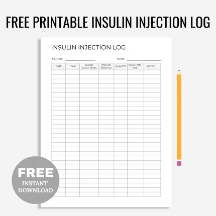 Free Printable Insulin Injection Log PDF,  injection log, blood sugar journal, diabetic tracker, blood glucose log, glucose tracker, type 2 diabetes, glucose log