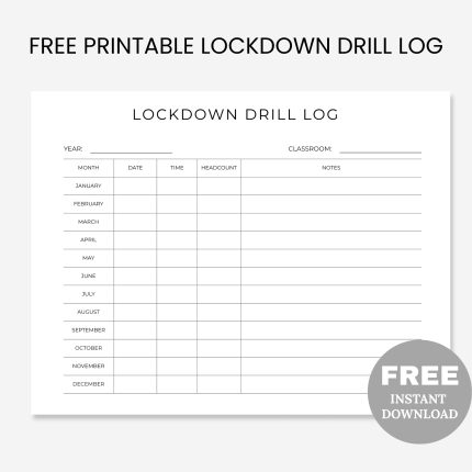 Free Printable Lockdown Drill Log PDF , Emergency Preparedness Tracker, Safety Drill Documentation, School Security Log