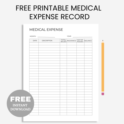 Free Printable Medical Expense Record PDF, Medical Spending Tracker, Printable Cost Tracker, Medical Finance Sheet, Health Record