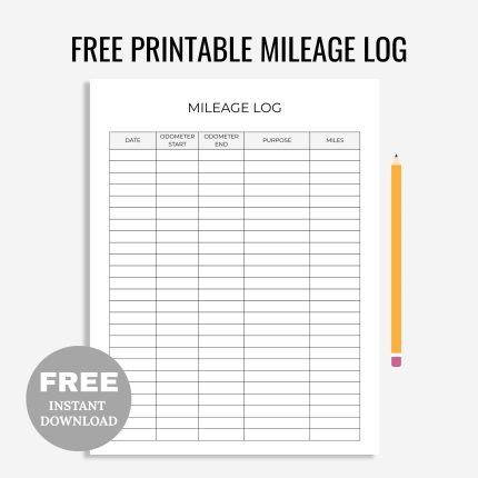 Free Printable Mileage Log PDF, Business or Personal Vehicle Mileage Record, Car Odometer Tracker for Tax Deductions, Work Trip Miles Tracker