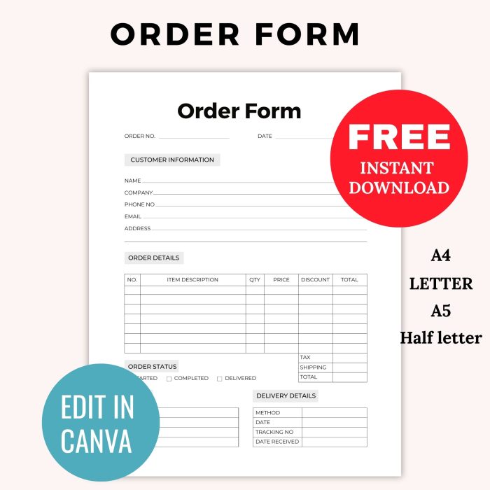 FREE Editable Order Form Template PDF Printable