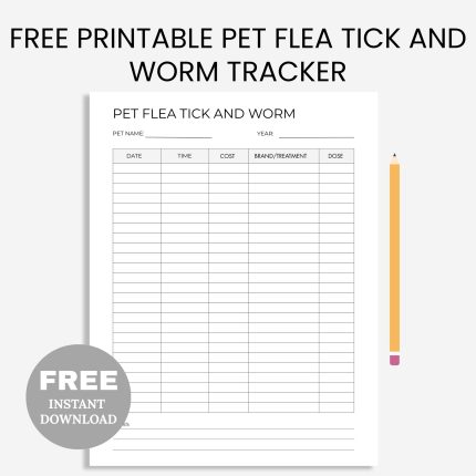 Pet Flea Tick And Worm Tracker | Pet Treatment Log | Cat And Dog Health Care | Animal Care Template | PDF