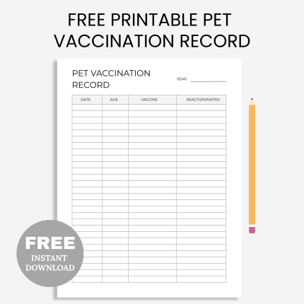 Free Printable Pet Vaccination Record PDF | Printable Pet Immunizations | Animal Health Log | Pet Health Care Sheet | Pet Vaccines Log | PDF