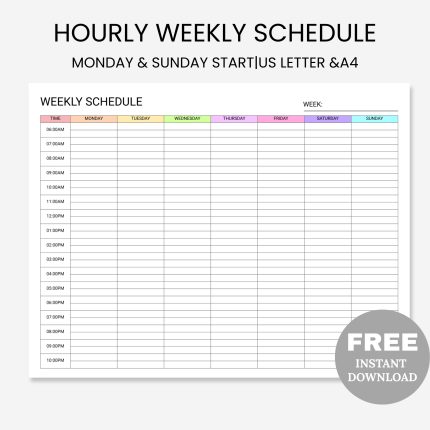 FREE Printable Hourly Weekly Schedule Colorful Landscape, Hourly Planner, Weekly Hourly Plan, Time Blocking, Weekly Time Sheet, Hour by Hour Planner, Weekly Plan
