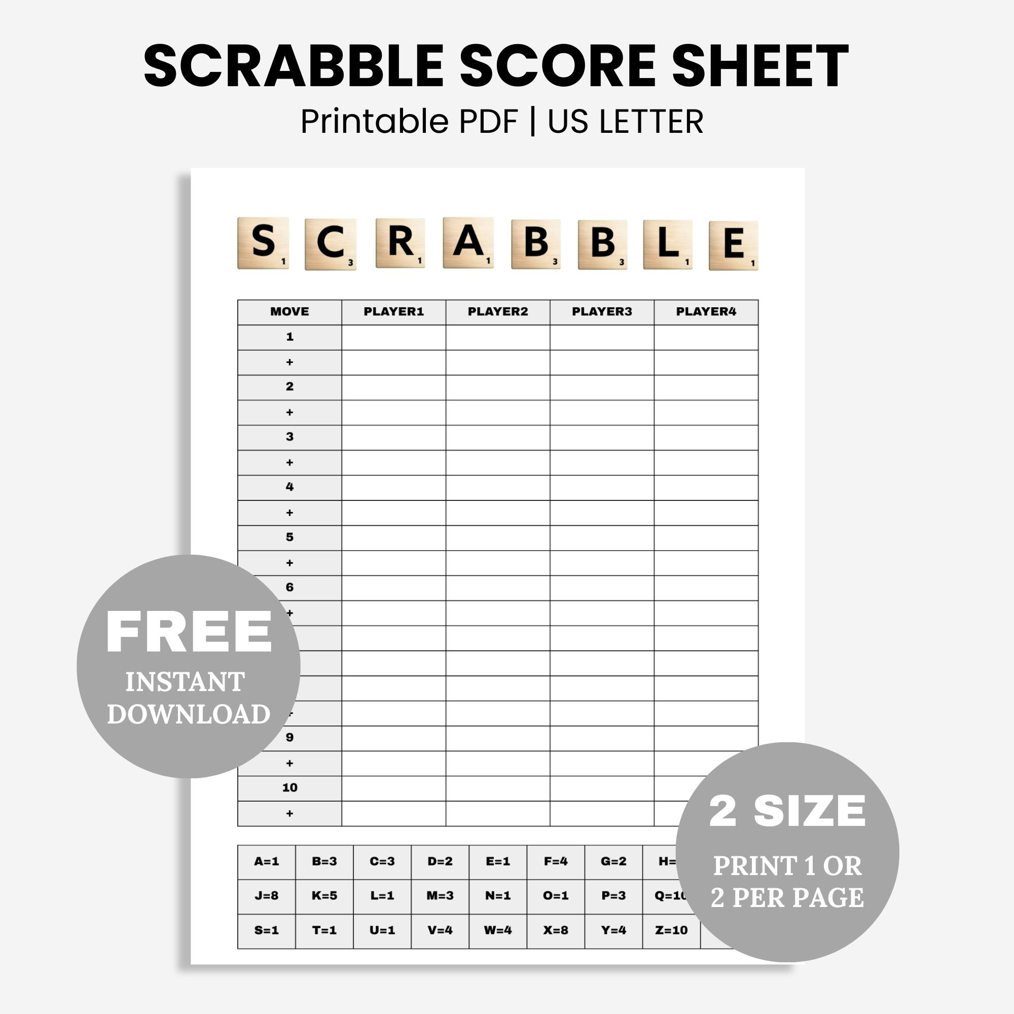 Printable SCRABBLE Score Sheet pdf free download Free Printable SCRABBLE Score Sheet Scorecard PDF, SCRABBLE Score Sheet Template, Printable Scrabble Score Sheet, Scrabble Game Score Sheet, Printable Scrabble Score Card, Girls Game Night