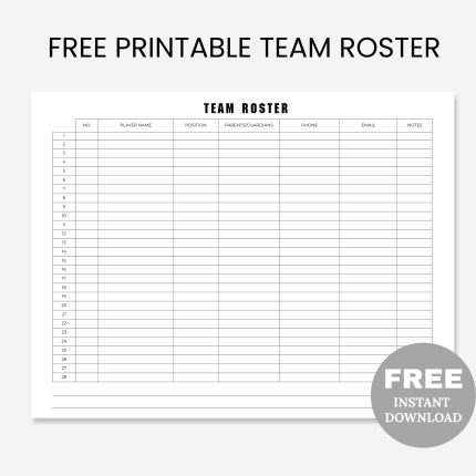 Free Printable Team Roster PDF, Editable Sports Roster, Printable Soccer Team Roster, Softball Roster, Football Roster, PDF Instant Download