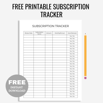 Free Printable Subscription Tracker PDF pdf download, monthly subscriptions list, yearly subscription overview, budget planner