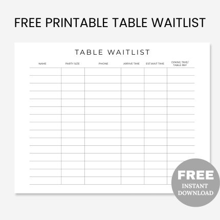 Free Printable Table Waitlist PDF, Restaurant Waitlist Tracker , Guest Log , Party Tracker , Seating Chart , Host & Server Organizer
