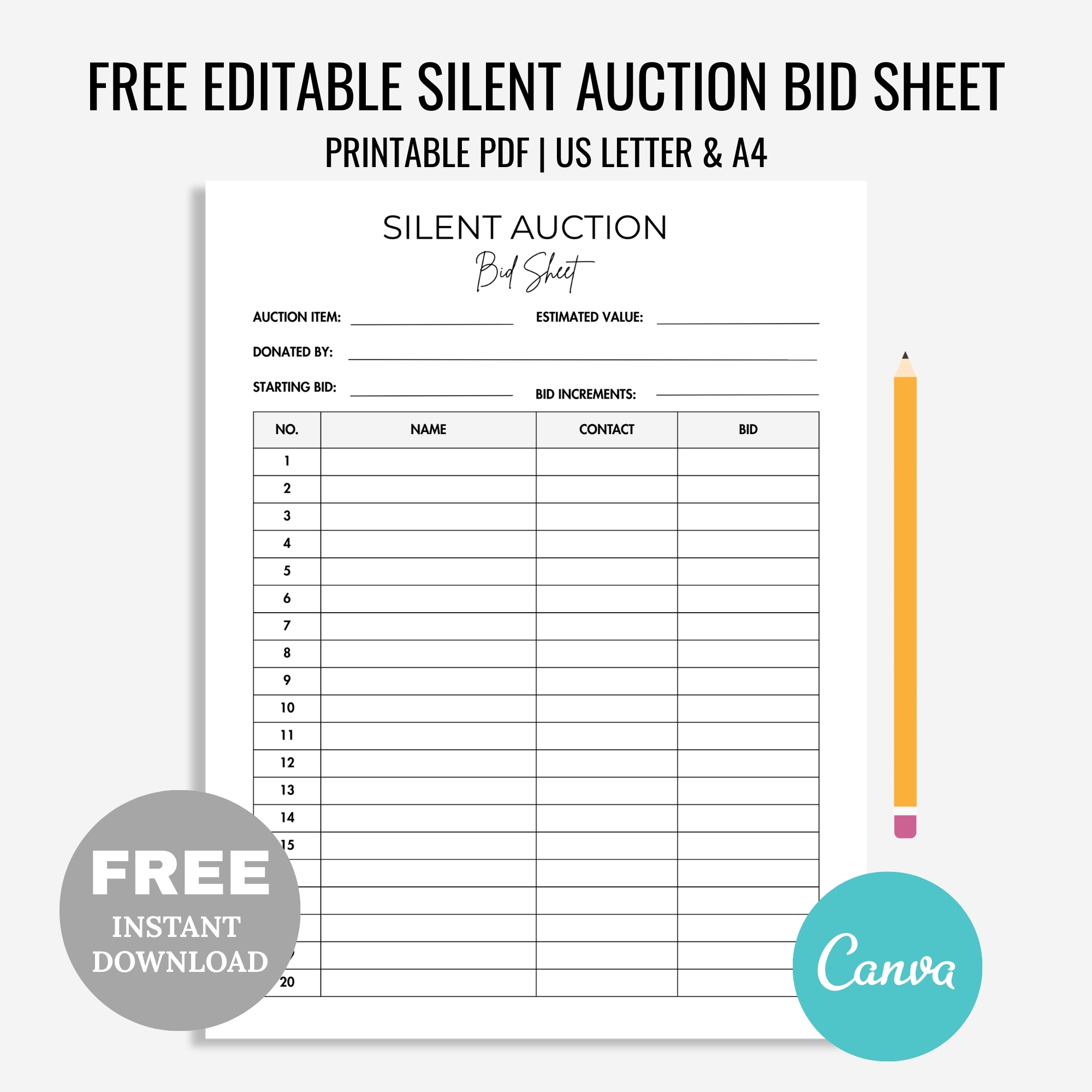 editable silent auction bid sheet free FREE Editable Silent Auction Bid Sheet. Silent Auction Sign up Sheet. Silent auction bidding sheet. Fundraiser sheet. Printable Sign up Sheet PDF