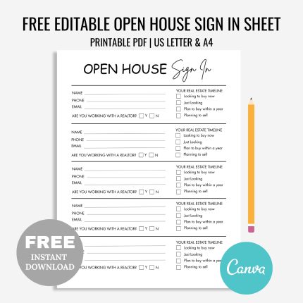 FREE EDITABLE Open House Sign In Sheet. Printable Real Estate Marketing. Realtor Open House Flyers and Forms. Canva Template PDF Instant Download