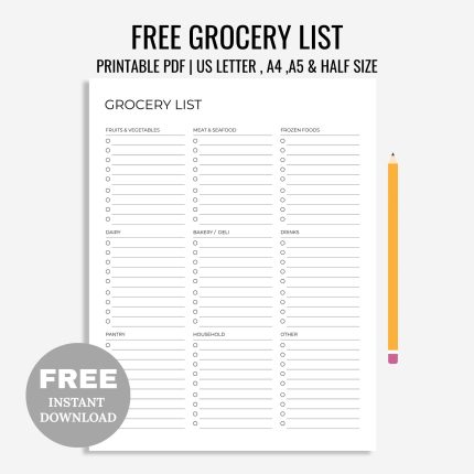 Free Printable Grocery List Template, Grocery Planner, Food Shopping List, A4/A5/Letter/Half Size, Instant Download PDF